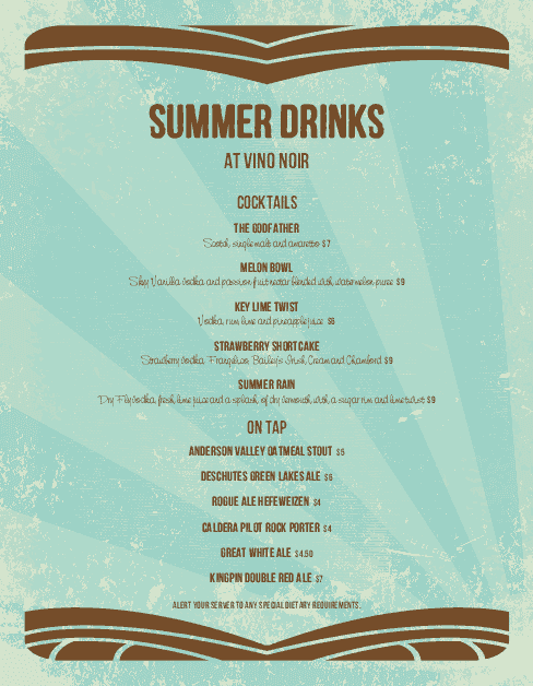 Summer menu. Summer Drink menu.