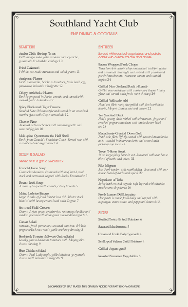 yacht club steakhouse menu